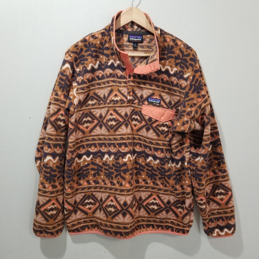 Patagonia Synchilla Womens XL Snap T Mangrove Henna Brown Aztec Tribal Fleece - Picture 4 of 11